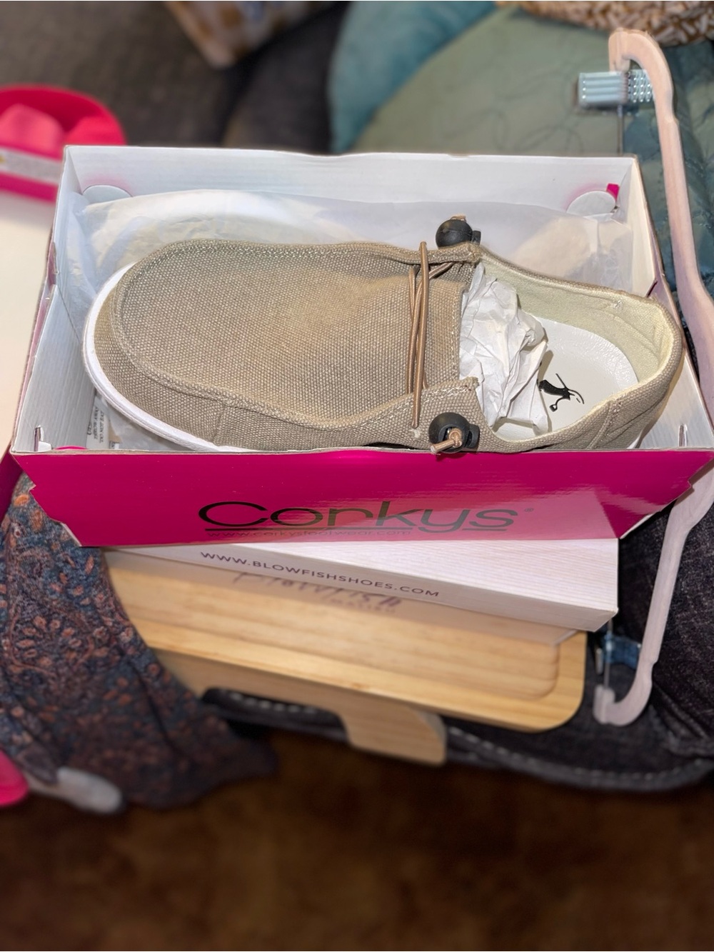 Corkys Khaki Slip-On Shoes with Orange Accent Sticker